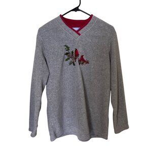 Gray Long Sleeve V-Neck Fleece Pullover M Embroidered Cardinals